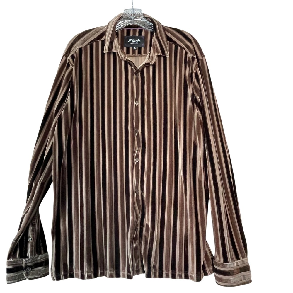 Plush Striped Velvet Shirt Mocha Mousse LG Retro Y2K Disco Button Up Party Top‎